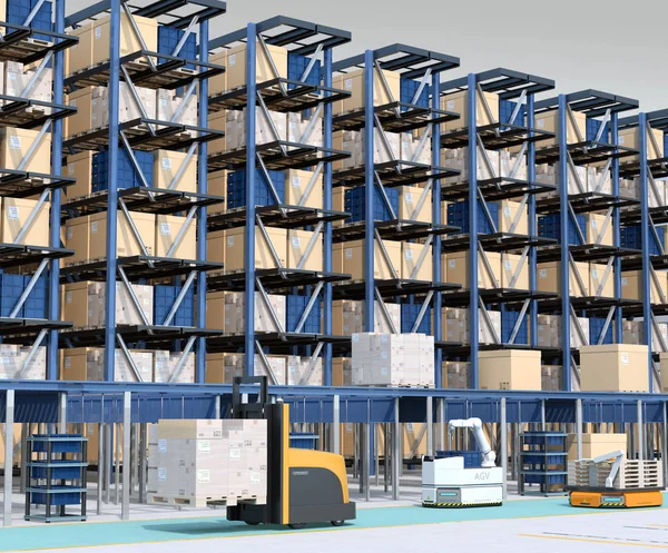 Modern Automated Logistics Center\'s interior. AGV and autonomous forklift carrying goods. Concept for automated logistics solution.