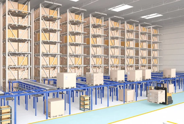 Modern Automated Logistics Center\'s interior. AGV and autonomous forklift carrying goods. Concept for automated logistics solution.