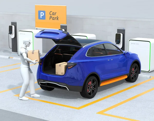 Delivery staff carrying cardboard box to blue car trunk. Concept for car trunk delivery service. 3D rendering image.