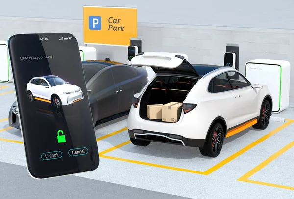 Vit Suv Parkeringsplats Med Öppnade Stam Pappkartonger Inuti Smartphone App — Stockfoto