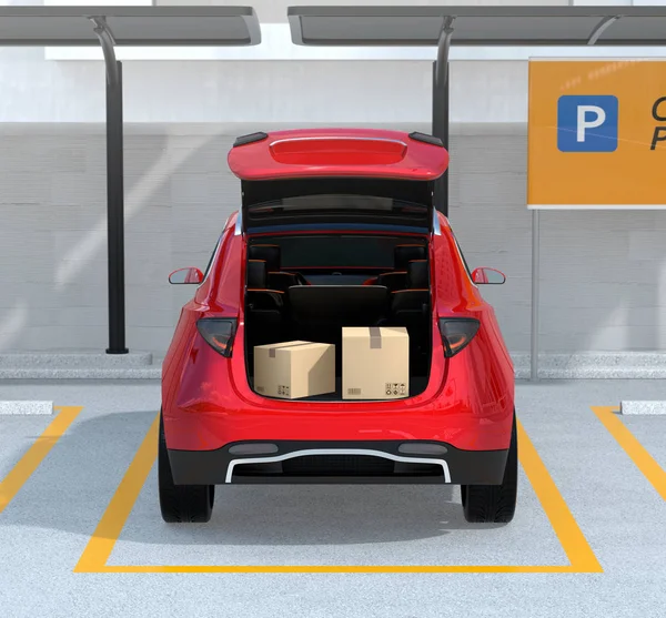 内部パッケージ ボックスで開かれた赤い車のトランクの背面します 車のトランクの配信サービスのコンセプトです のレンダリング画像 — ストック写真
