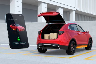 Kırmızı Suv ile açılan gövde, karton kutular içinde park yerinde. Akıllı telefon app için araba bagajı aç. Konsept araç gövde teslimat servisi için. 3D render resim.
