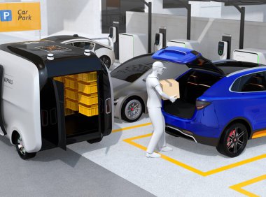 Gövde otopark genel park yerinde mavi paketi taşıyan teslim personel. Konsept araç gövde teslimat servisi için. 3D render resim.