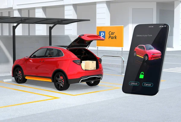 開いたトランク 段ボール箱の中で駐車場に赤の Suv スマート フォンのアプリは車のトランクをロック解除します 車のトランクの配信サービスのコンセプトです のレンダリング画像 — ストック写真