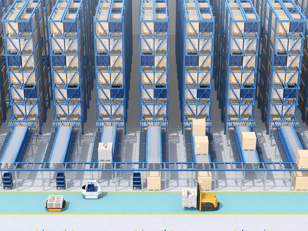 Tampilan Depan Interior Automated Logistics Center Modern Agv Dan Forklift — Stok Foto