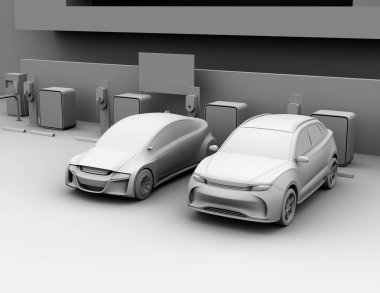 Elektrik Suv işleme ve sedan araba paylaşımı otoparkta kendi kendine sürüş kil. 3D render resim.