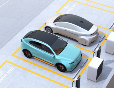 Turkuaz yeşil elektrik Suv ve gümüş kendi kendine sürüş sedan araba park yeri paylaşmak. Araba paylaşım kavramı. 3D render resim.