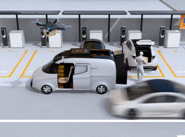 Otoparkta araba gövde paket taşıma teslim personel. Uçak teslim van parsel teslim etmek için çıkartıyor. Kavramı son bir mil konsepti için. 3D render resim.