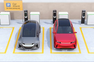 Önden Görünüm elektrik Suv ve kendi kendine sürüş sedan araba paylaşımı park yerinde. Araba paylaşım kavramı. 3D render resim.