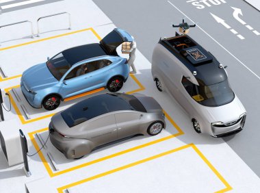 Mavi araba bagajı pakete park yerinde taşıyan teslim personel. Uçak teslim van parsel teslim etmek için çıkartıyor. Kavramı son bir mil konsepti için. 3D render resim.