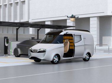 Uçak teslim van parsel teslim etmek için çıkartıyor. Park yerinde şarj metalik gri elektrikli araba. Son bir mil kavramı. 3D render resim.