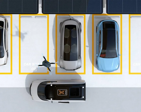 ソーラー パネルや乾電池は過給機システム装備の駐車場の平面図です ドローンは 小包を提供する配達用バンから休みを取る のレンダリング画像 — ストック写真