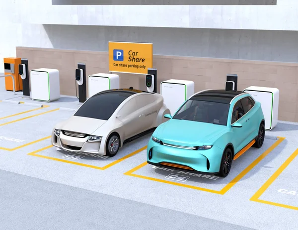 ターコイズ グリーン電気 Suv と銀自己駆動セダン車は 駐車場を共有します 車共有概念 のレンダリング画像 — ストック写真
