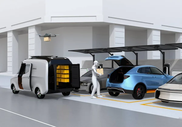 Delivery staff carrying package to blue car trunk in parking lot. Drone takes off from delivery van to delivering parcel. Concept for last one mile. 3D rendering image.