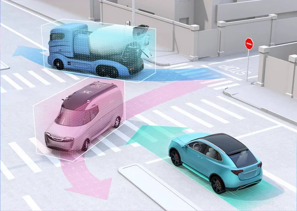 Autonomous Cars Sharing Car Driving Information Road Concept Connected Car — Stock Photo, Image