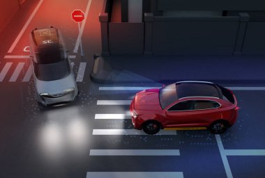 Kırmızı Suv bir minivan kavşak bir kaza kaçının. Sürücü-asistanı sistem kavramı ilerlemek. 3D render resim.