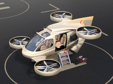 Metalik altın rengi uçan araba (hava taksisi) Drone Limanı 'na park ediyor. 3d görüntüleme.