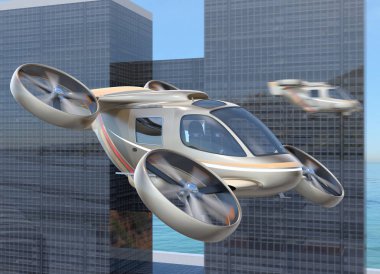 Uçan araba (hava taksi) gökyüzünde uçuyor. Arka planda otoyol ve şehir binası var. 3d görüntüleme.