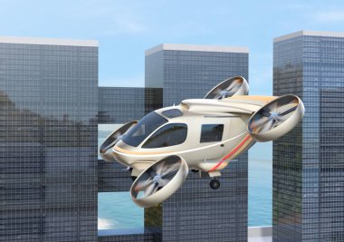 Modern şehirde altın renkli uçan araba (hava taksisi) uçuyor. 3d görüntüleme.