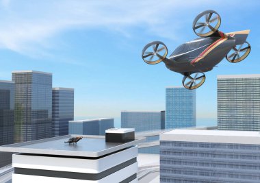 Black flying car (air taxi)  closing Drone Port on top of building for landing. 3D rendering image. clipart