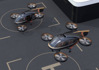 Siyah uçan araba (hava taksisi) İHA Limanı 'ndan havalanır ya da karaya çıkar. 3d görüntüleme.