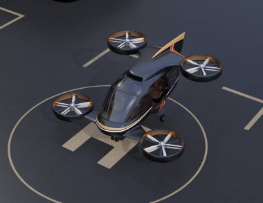 Drone Limanı 'nda siyah uçan araba (hava taksisi) park ediyor. 3d görüntüleme.