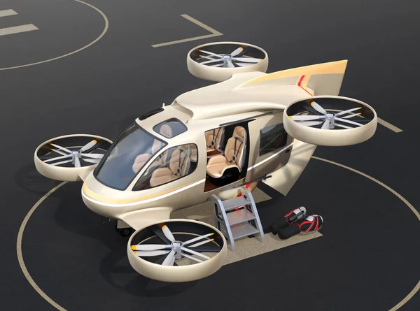 Металлический Золотой Летающий Автомобиль Воздушное Такси Парковка Drone Port Рендеринг — стоковое фото