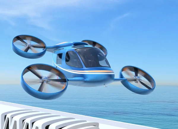 メタリックブルー空を飛ぶ旅客ドローン 空気タクシー 3Dレンダリング画像 — ストック写真