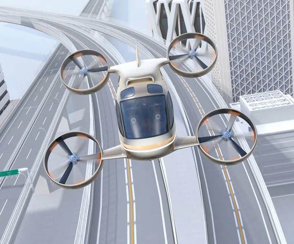 Front View Passenger Drone Air Taxi Flying Highway City Rendering — Stockfoto