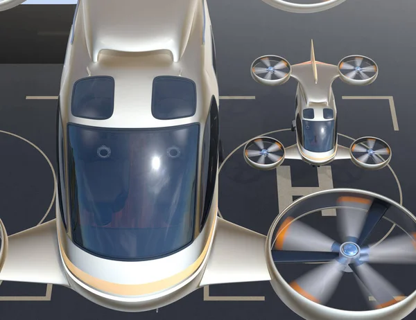 Nahaufnahme Des Starts Eines Fliegenden Autos Lufttaxis Vom Drohnenhafen Renderbild — Stockfoto