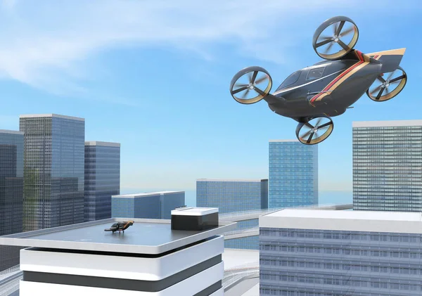 Black Flying Car Air Taxi Closing Drone Port Top Building — Stockfoto