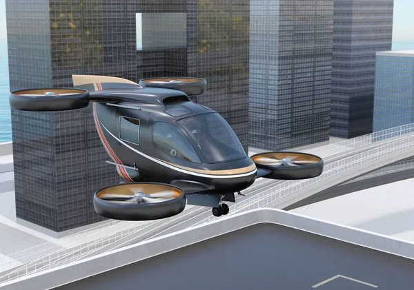 Black Flying Car Air Taxi Takeoff Land Drone Port Rendering — Stock Photo, Image