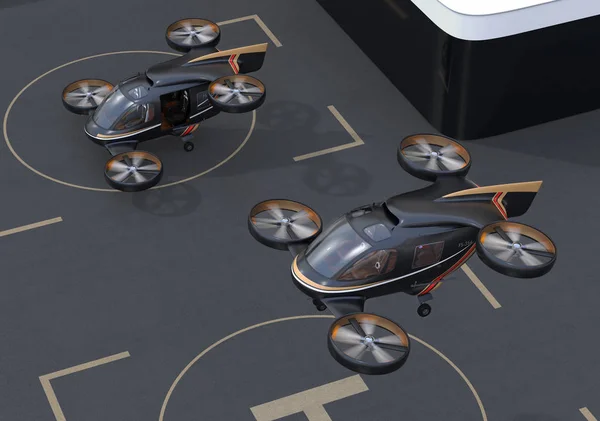 Black flying car (air taxi) takeoff from or land to Drone Port. 3D rendering image.