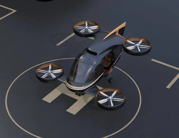 Carro Voador Preto Táxi Aéreo Estacionamento Porto Drone Imagem Renderização — Fotografia de Stock