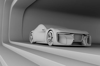 Çağdaş bir mekanda elektrikli spor coupe 'un Clay versiyonu. 3d görüntüleme. 
