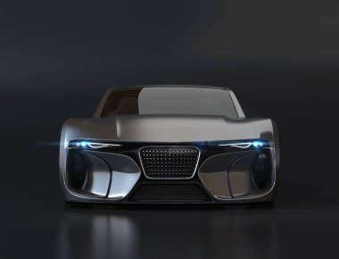 Siyah arka planda siyah elektrikli spor coupe 'nin ön görüntüsü. 3D görüntü oluşturuluyor. Asıl tasarım.
