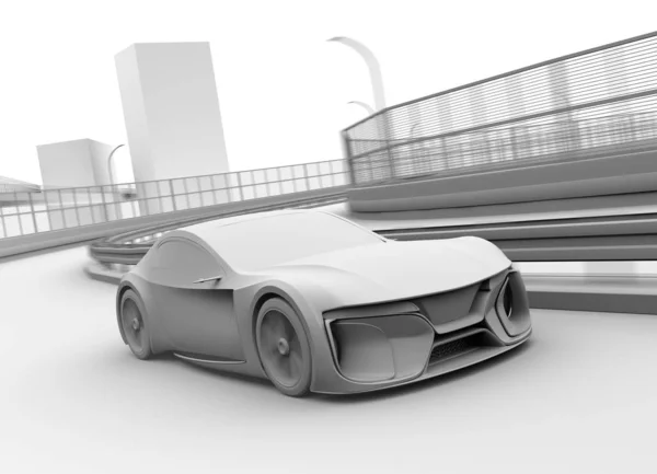高速道路を走行する電動スポーツクーペの粘土レンダリング 3Dレンダリング画像 — ストック写真