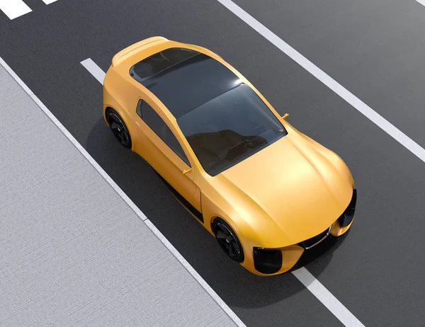 Metallic yellow electric powered sports coupe parking on roadside.  3D rendering image.