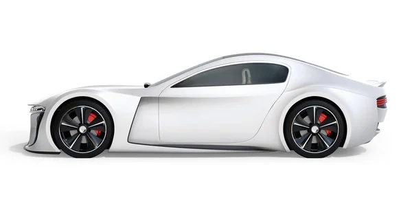 白色背景下隔离的银色电动跑车侧视图 3D渲染图像 — 图库照片