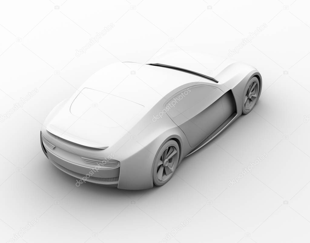 Rear view of electric powered sports coupe in clay rendering style. 3D rendering image. 