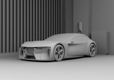 Elektrikli spor araba evdeki güç kaynağına bağlanıyor. Sürdürülebilir yaşam tarzı konsepti. 3d kil işleme resmi.