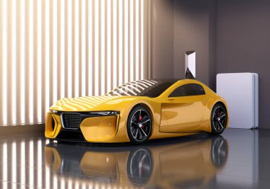 Elektrikli spor araba şarj istasyonunda. Sürdürülebilir yaşam tarzı konsepti. 3d görüntüleme.
