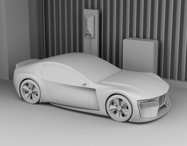 Elektrikli spor araba evdeki güç kaynağına bağlanıyor. Sürdürülebilir yaşam tarzı konsepti. 3d kil işleme resmi.