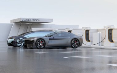 Kamu Şarj İstasyonu 'nda elektrikli arabalar şarj oluyor. 3d görüntüleme.