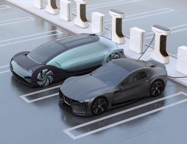 Kamu Şarj İstasyonu 'nda elektrikli arabalar şarj oluyor. 3d görüntüleme.