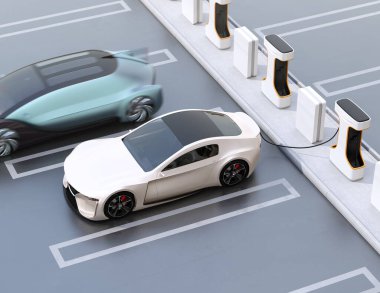 Kamu Şarj İstasyonunda elektrikli spor araba şarj ediliyor. 3d görüntüleme.