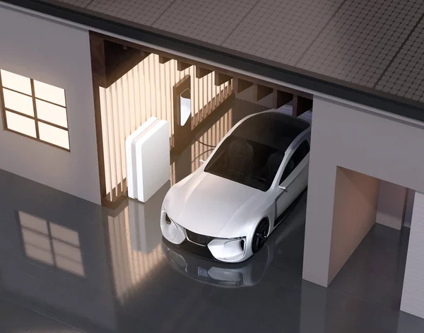 Elektrikli Spor Araba Evdeki Güç Kaynağına Bağlanıyor Çatıya Güneş Panelleri — Stok fotoğraf
