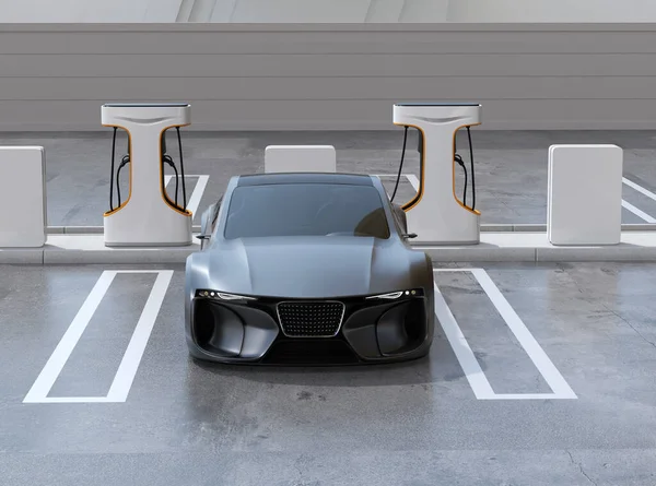 Framifrån Elektrisk Sportbil Laddning Public Charging Station Renderingsbild — Stockfoto