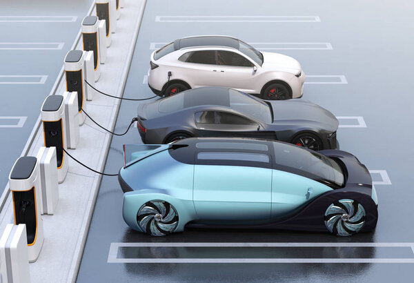 Электромобили заряжаются на общественном зарядном устройстве. 3D рендеринг изображений
.