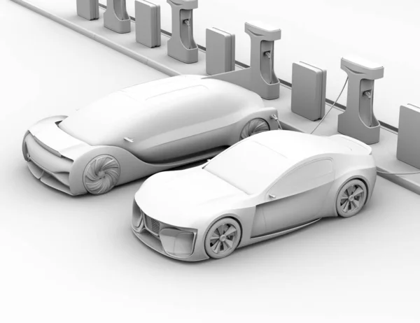 Clay Rendering Electric Cars Charging Public Charging Station Rendering Image — Stock Photo, Image